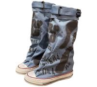 Graffiti Print Half Calf Boots Women's Flat Retro Canvas Mid-Calf Boots Daily Work Comfy Travel Walking Shoes