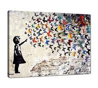 Graffiti Street Wall Art Banksy - Cuadro de arte enmarcado de gran tamaño con diseño de chica con mariposa, impresión en lienzo para habitación de niños, dormitorio, listo para colgar, 18 pulgadas de