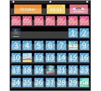Gráfico de bolsillo del calendario en el aula, calendario de clase de 25x24 pulgadas con 104 tarjetas, tabla de bolsillo colgante con ganchos, para suministros de educación en el hogar