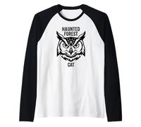 Gráfico de búho de Gato del Bosque Encantado para Espeluznante y Halloween Camiseta Manga Raglan
