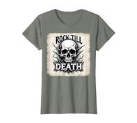Gráfico de Calavera de Rock de Metal Pesado hasta la Muerte Camiseta, Mujer, Verde Militar Jaspeado, L