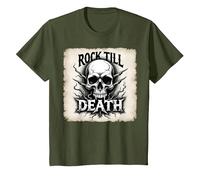 Gráfico de Calavera de Rock de Metal Pesado hasta la Muerte Camiseta, Niños, Verde Oliva, 12 años