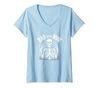 Gráfico de Calavera de Skeleton Men Bad to The Bone Rock Camiseta Cuello V, Mujer, Azul Bebé, XXL
