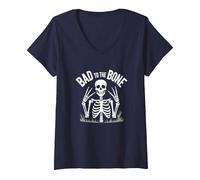 Gráfico de Calavera de Skeleton Men Bad to The Bone Rock Camiseta Cuello V, Mujer, Azul Marino, XL