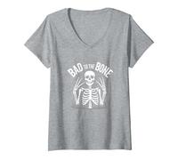 Gráfico de Calavera de Skeleton Men Bad to The Bone Rock Camiseta Cuello V, Mujer, Gris Jaspeado, L