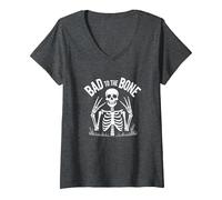 Gráfico de Calavera de Skeleton Men Bad to The Bone Rock Camiseta Cuello V, Mujer, Jaspeado Oscuro, XL