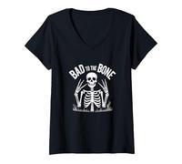 Gráfico de Calavera de Skeleton Men Bad to The Bone Rock Camiseta Cuello V, Mujer, Negro, L