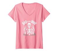 Gráfico de Calavera de Skeleton Men Bad to The Bone Rock Camiseta Cuello V, Mujer, Rosado, XL