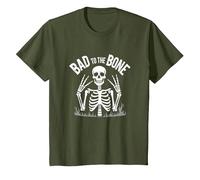 Gráfico de Calavera de Skeleton Men Bad to The Bone Rock Camiseta, Niños, Verde Oliva, 12 años