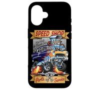 Gráfico de Dibujos Animados Retro Speed Shop Hotrod Classic Muscle Car Carcasa para iPhone 16