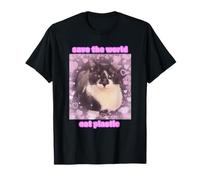 Gráfico de gato con divertido eslogan Save The World Eat Plastic y2k Camiseta
