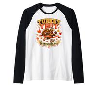 Gráfico de otoño con la Mascota de Turkey Trot Thanksgiving Run Runner Camiseta Manga Raglan