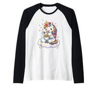 Gráfico de Pasta de Espaguetis arcoíris con Unicornio Chibi Camiseta Manga Raglan