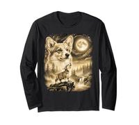 Gráfico Divertido de Perro Corgi Howling to The Moon Vintage de los años 90 Manga Larga