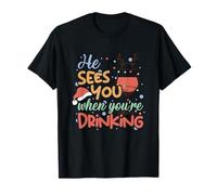 Gráfico Divertido de Vino navideño con Texto en inglés He Sees You When Youre Camiseta