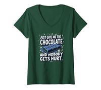 Gráfico Divertido para Amantes de la Comida Just Give Me The Chocolate Camiseta Cuello V, Mujer, Verde Bosque, S