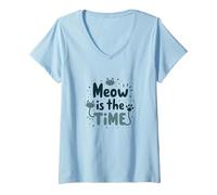 Gráfico Meow is The Time Cat Lover Camiseta Cuello V, Mujer, Azul Bebé, XL