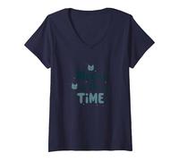 Gráfico Meow is The Time Cat Lover Camiseta Cuello V, Mujer, Azul Marino, S