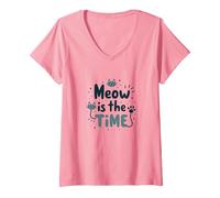 Gráfico Meow is The Time Cat Lover Camiseta Cuello V, Mujer, Rosado, S
