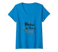 Gráfico Meow is The Time Cat Lover Camiseta Cuello V, Mujer, Zafiro, L