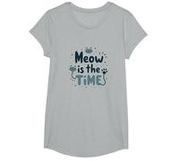 Gráfico Meow is The Time Cat Lover Camiseta, Niñas, Gris Jaspeado, Mediano