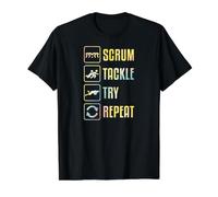 Gráfico Simple de Rugby Scrum Tackle Try Repeat Camiseta gráfica económica, Hombre, Negro, L