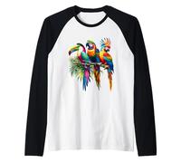 Gráfico Tropical de Aves y Loros Camiseta Manga Raglan