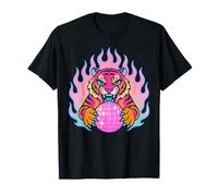 Gráfico Y2K Tiger sosteniendo una Esfera de Discoteca Rosa Camiseta