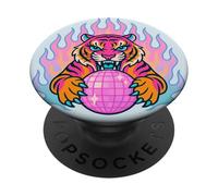 Gráfico Y2K Tiger sosteniendo una Esfera de Discoteca Rosa PopSockets PopGrip Adhesivo