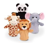 Grafix Marionetas de Mano Animales para Niños | Teatro de Marionetas en una Caja | Set de 4 Marionetas de Mano | Panda, León, Jirafa, Elefante | Títeres de Mano Animales de Felpa