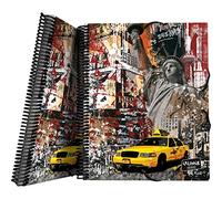 Grafoplás 39822446. Carpeta de Fundas A4 con Espiral, Colección Grunge Cities, New York, Tapas Polipropileno Rígido, Cierre Gomas Elásticas, 30 Fundas Transparentes, Incluye Sobre con Cierre Textil