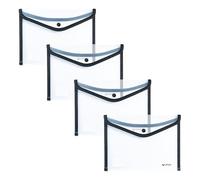 Grafoplas - 4 Sobres Portafolios Plastico Tamaño Cuarto con Cierre Botón, Ribete Tela, 24,5x17,5cm, Incoloro Traslúcido Borde Negro, Para Documentos Pequeños A5, Perfecto como Portafolios en Oficina