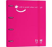 Grafoplás 88101354. Carpeta 4 Anillas Troqueladas con Recambio, A4, Fucsia, Cartón Forrado Papel FSC, Incluye Separadores, Carpebook Like Smile