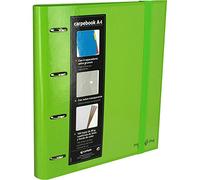 Grafoplás 88102020. Carpeta 4 anillas troqueladas A4 con sobre transparente, 4 separadores y 100 hojas, color verde, 4 anillas de 35mm, cierre de goma. Carpebook Multiline