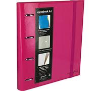 Grafoplás 88102054. Carpeta 4 anillas troqueladas A4 con sobre transparente, 4 separadores y 100 hojas, color rosa, 4 anillas de 35mm, cierre de goma. Carpbook Multiline
