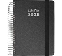 Grafoplas | Agenda 2025 Semana Vista a6 | Negro | Español | Espiral | Tapa Dura Forrada Tela Metalizado | Cierre Elástico | De Enero a Diciembre | Incluye Pegatinas | Modelo Metallic | FSC