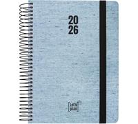 Grafoplas - Agenda 2026 Dia por Pagina, Ecojeans Azul, Tamaño 15x21cm, Español, Espiral, Tapa Dura Forrada Denim Reciclado, Cierre Goma, Esquinas Redondeadas, Incluye Pegatinas, FSC