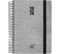 Grafoplas - Agenda 2026 Dia por Pagina, Ecojeans Negro, Tamaño 15x21cm, Español, Espiral, Tapa Dura Forrada Denim Reciclado, Cierre Goma, Esquinas Redondeadas, Incluye Pegatinas, FSC