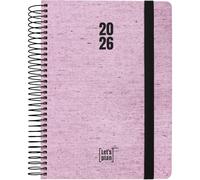 Grafoplas - Agenda 2026 Dia por Pagina, Ecojeans Rosa, Tamaño 15x21cm, Español, Espiral, Tapa Dura Forrada Denim Reciclado, Cierre Goma, Esquinas Redondeadas, Incluye Pegatinas, FSC