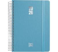 Grafoplas - Agenda 2026 Dia por Pagina, Fancy Azul, Tamaño 15x21cm, Español, Espiral, Tapa Dura Forrada Tela, Cierre Goma Vertical, Esquinas Redondeadas, Incluye Pegatinas, Certificado FSC