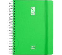Grafoplas - Agenda 2026 Dia por Pagina, Fancy Verde, Tamaño 15x21cm, Español, Espiral, Tapa Dura Forrada Tela, Cierre Goma Vertical, Esquinas Redondeadas, Incluye Pegatinas, Certificado FSC