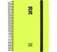 Grafoplas - Agenda 2026 Dia por Pagina, Neón Amarillo, 15x21cm, Dia por Pagina, Español, Tapa Dura Forrada Papel Acabado Brillo, Cierre Goma, Esquinas Redondeadas, Incluye Pegatinas