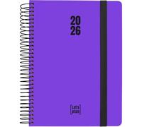 Grafoplas - Agenda 2026 Dia por Pagina, Neón Violeta, 15x21cm, Dia por Pagina, Español, Tapa Dura Forrada Papel Acabado Brillo, Cierre Goma, Esquinas Redondeadas, Incluye Pegatinas