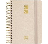 Grafoplas - Agenda 2026 Semana Vista a6, Español, Metallic Arena, Incluye Pegatinas, Tapa Dura Forrada Tela Metalizado, Espiral, Cierre Elástico, De Enero a Diciembre, FSC, 120 Páginas para Planificar