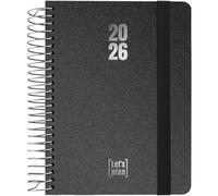 Grafoplas - Agenda 2026 Semana Vista a6, Español, Metallic Negra, Incluye Pegatinas, Tapa Dura Forrada Tela Metalizado, Espiral, Cierre Elástico, De Enero a Diciembre, FSC, 120 Páginas para Planificar