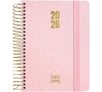 Grafoplas - Agenda 2026 Semana Vista a6, Español, Metallic Rosa, Incluye Pegatinas, Tapa Dura Forrada Tela Metalizado, Espiral, Cierre Elástico, De Enero a Diciembre, FSC, 120 Páginas para Planificar