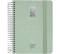 Grafoplas - Agenda 2026 Semana Vista a6, Español, Metallic Verde, Incluye Pegatinas, Tapa Dura Forrada Tela Metalizado, Espiral, Cierre Elástico, De Enero a Diciembre, FSC, 120 Páginas para Planificar