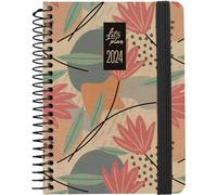 Grafoplás | Agenda Anual 2024 A6 | Español | 10,5x14,9cm | Semana Vista | Tapa Dura | Cubierta Papel Kraft y Cartón Reciclado 100% | Cierre Elástico | Modelo Design Flores | Serie Nature
