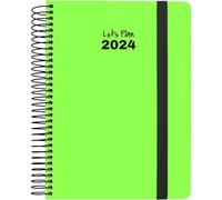 Grafoplás | Agenda Anual 2024 | Verde Neón | Español | 15x21cm | Con Espiral | Día por Página | Tapa Dura Forrada Papel FSC | Cierre Goma | Serie Neón | Perfecto para Planificar tu Tiempo