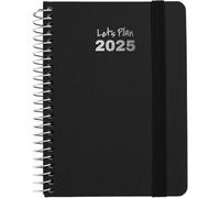 Grafoplas | Agenda Anual Semana Vista 2025 a6 | Negro | Español | Espiral | Tapa Dura Forrada Tela | Cierre Elástico | De Enero a Diciembre | Incluye Pegatinas | Modelo Fancy | Certificada FSC